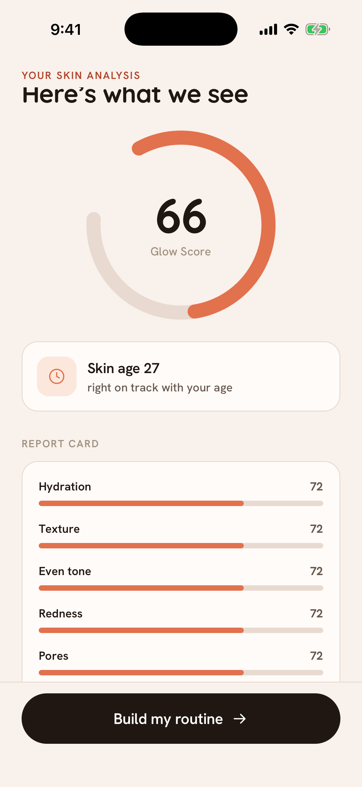 Radia skin analysis result with your Glow Score and report card